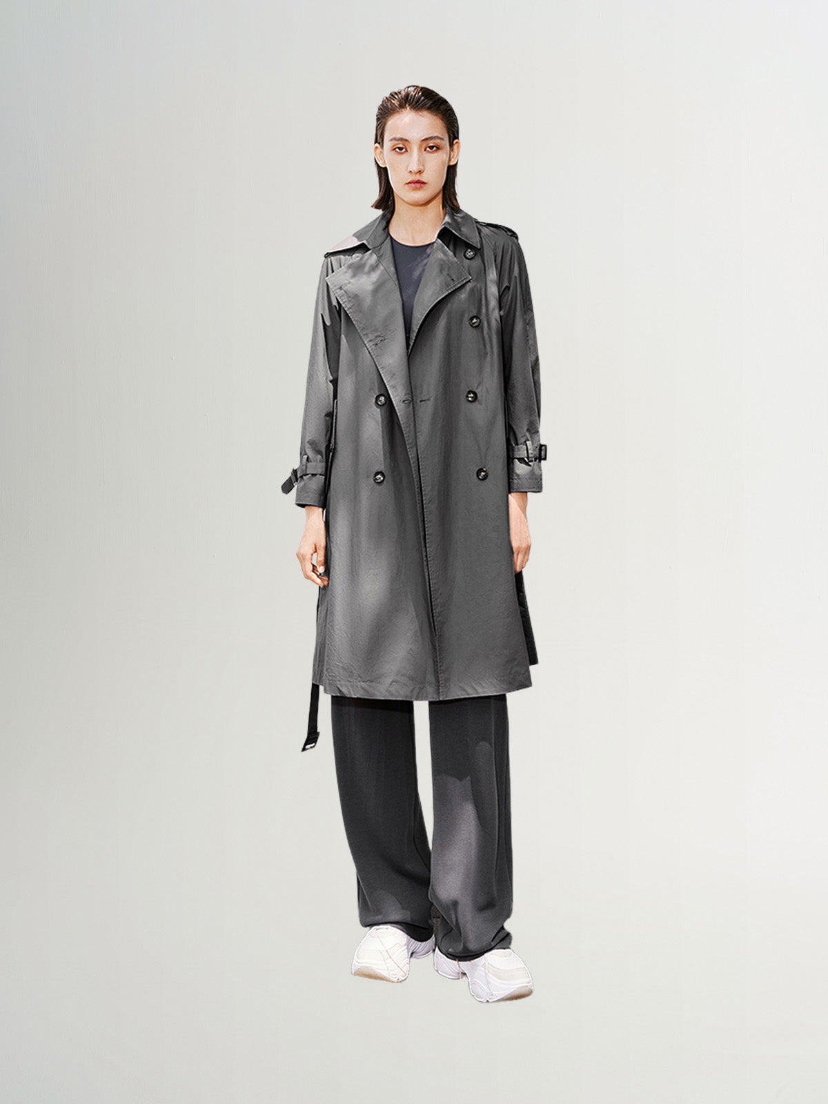 Grey cotton trench coat, double-breasted