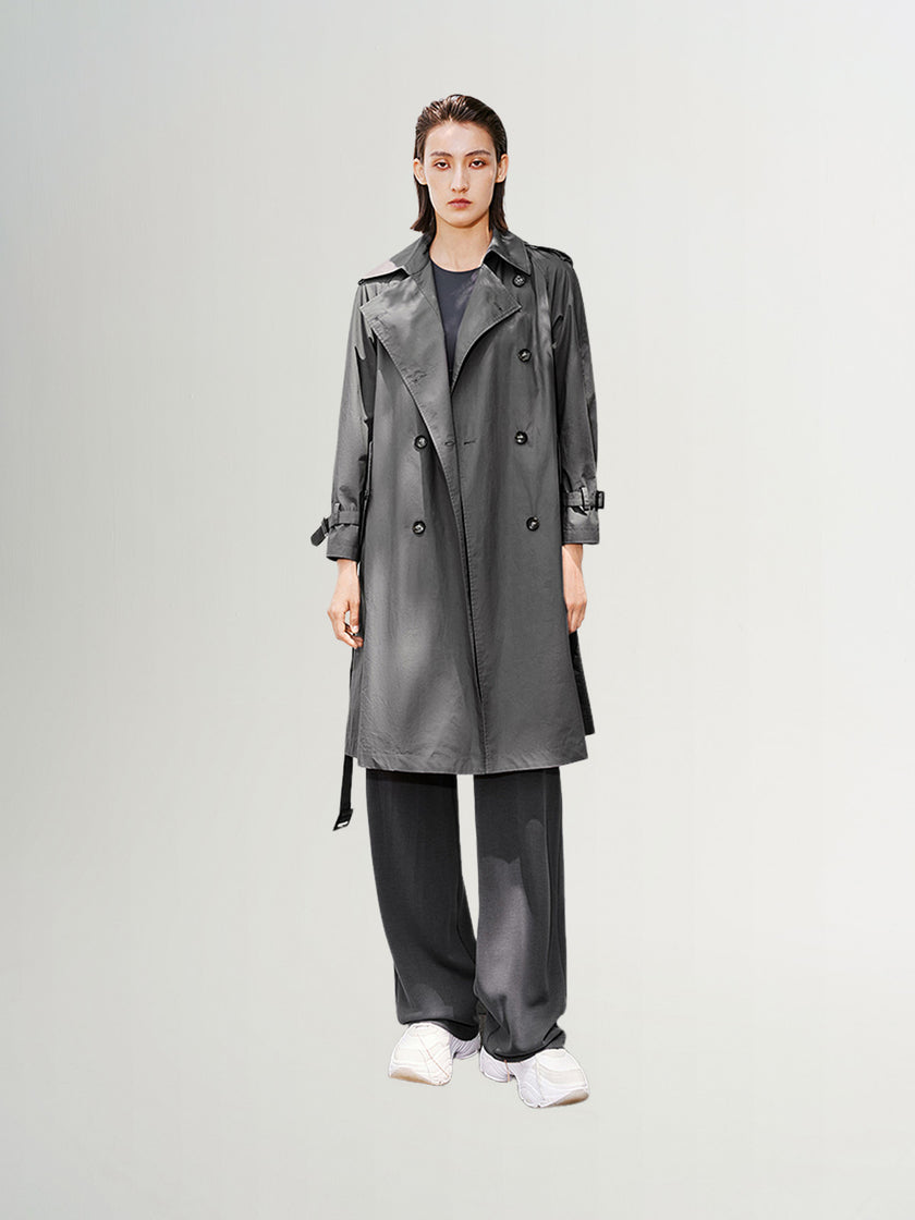 Grey cotton trench coat, double-breasted