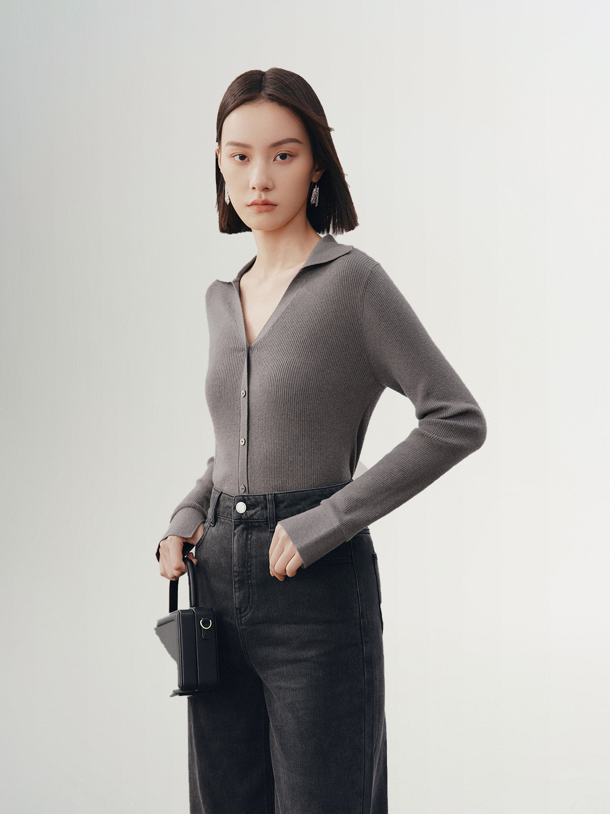 Women's Gray Polo Neck Long Sleeve Kintwear