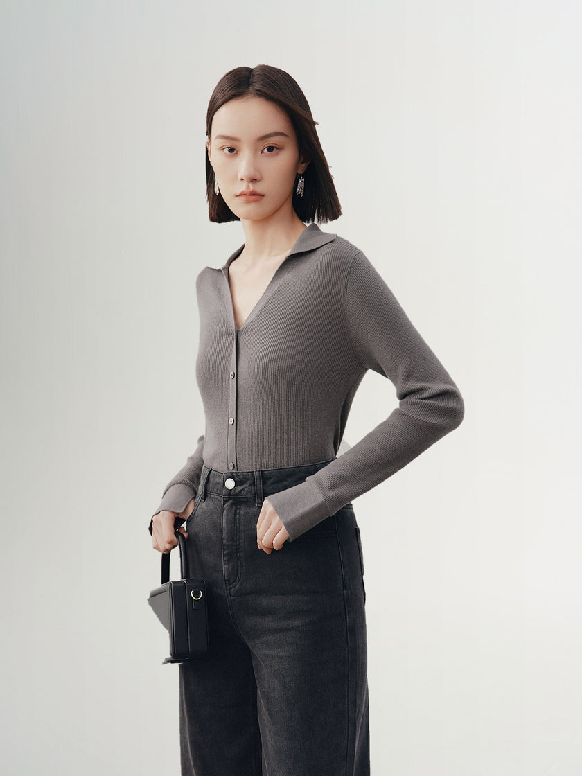 Women's Gray Polo Neck Long Sleeve Kintwear
