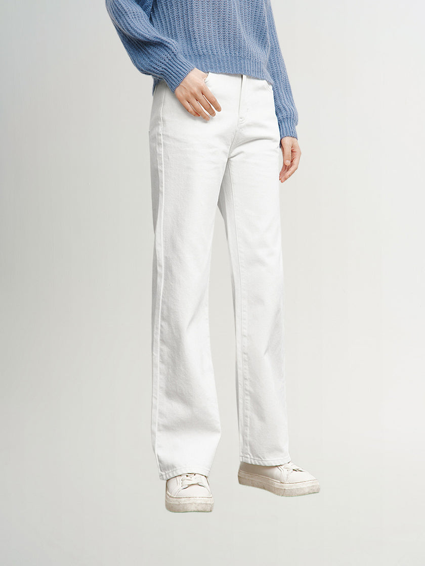 White cotton wide leg denim jeans
