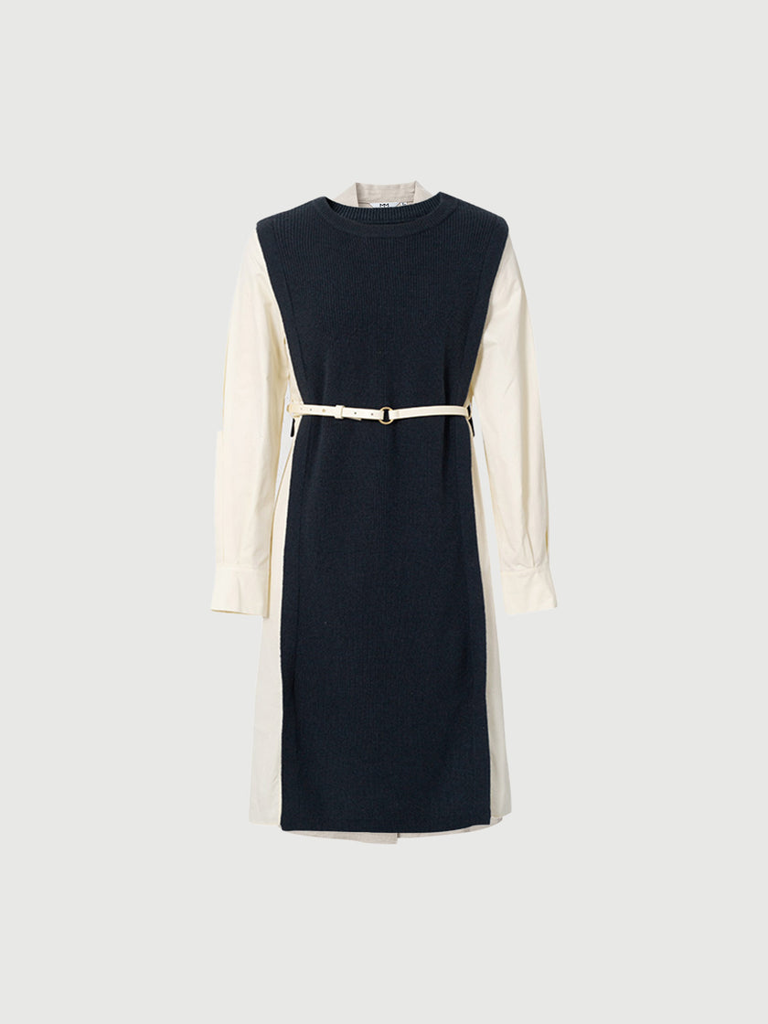 Black dress with round neck, long sleeves and belt