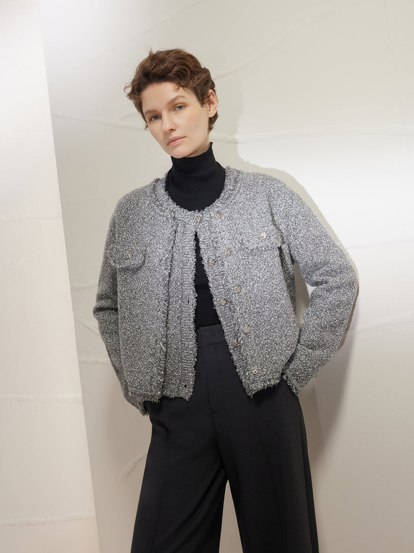 Gray Round Neck Long Sleeve Knit Cardigan