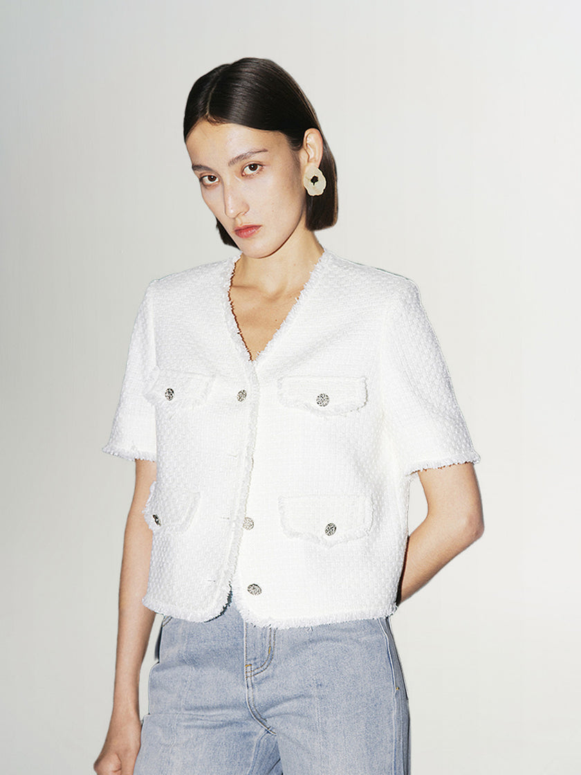 Women's Original White V Neck Texture Fringes Shoulder Pad Short Jacket