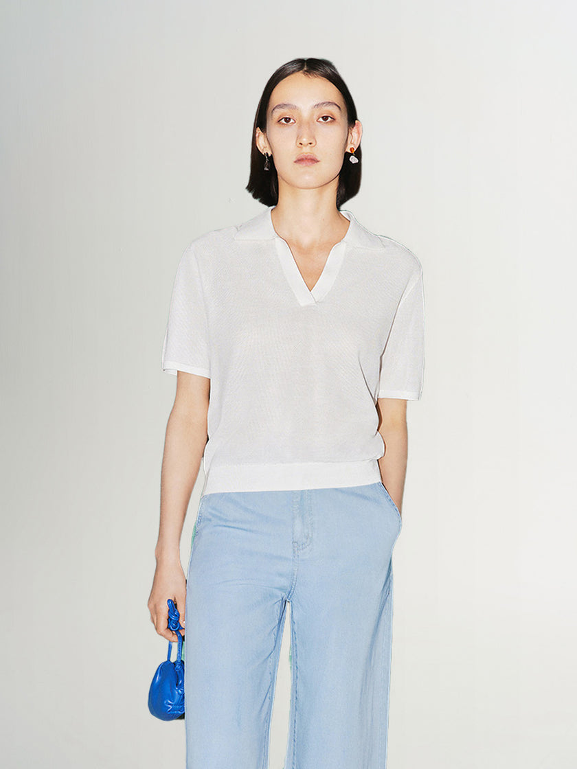 Women's White Polo V Neck Short Sleeve Knitwear Top