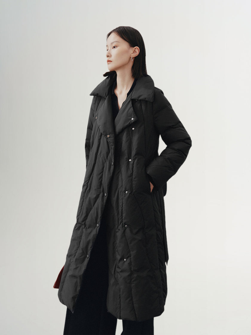 Black goose down jacket with hood and lapel collar