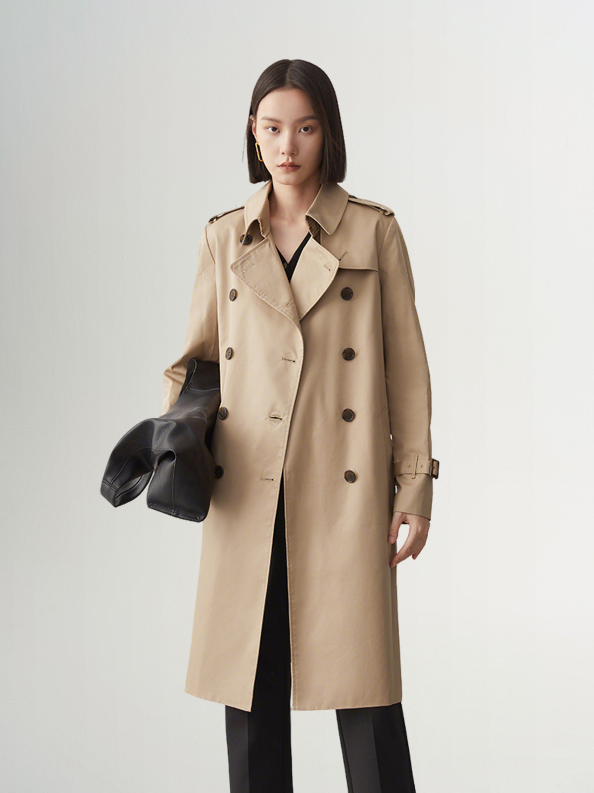 Women's Khaki Double Breasted Long Trench Coat Belt