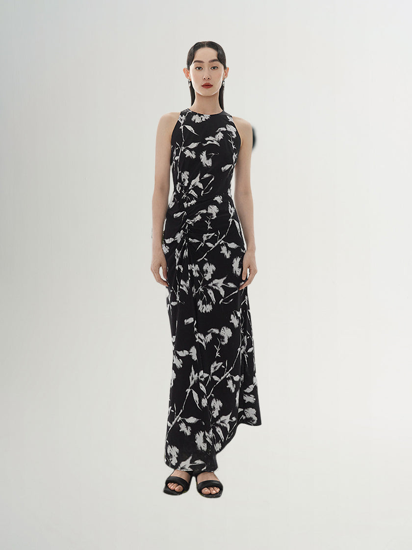Black floral print halter neck dress