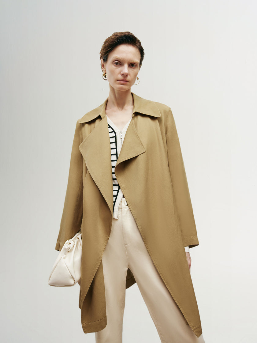 Women's Khaki Lapel Double Breasted Trench Coat with Belt