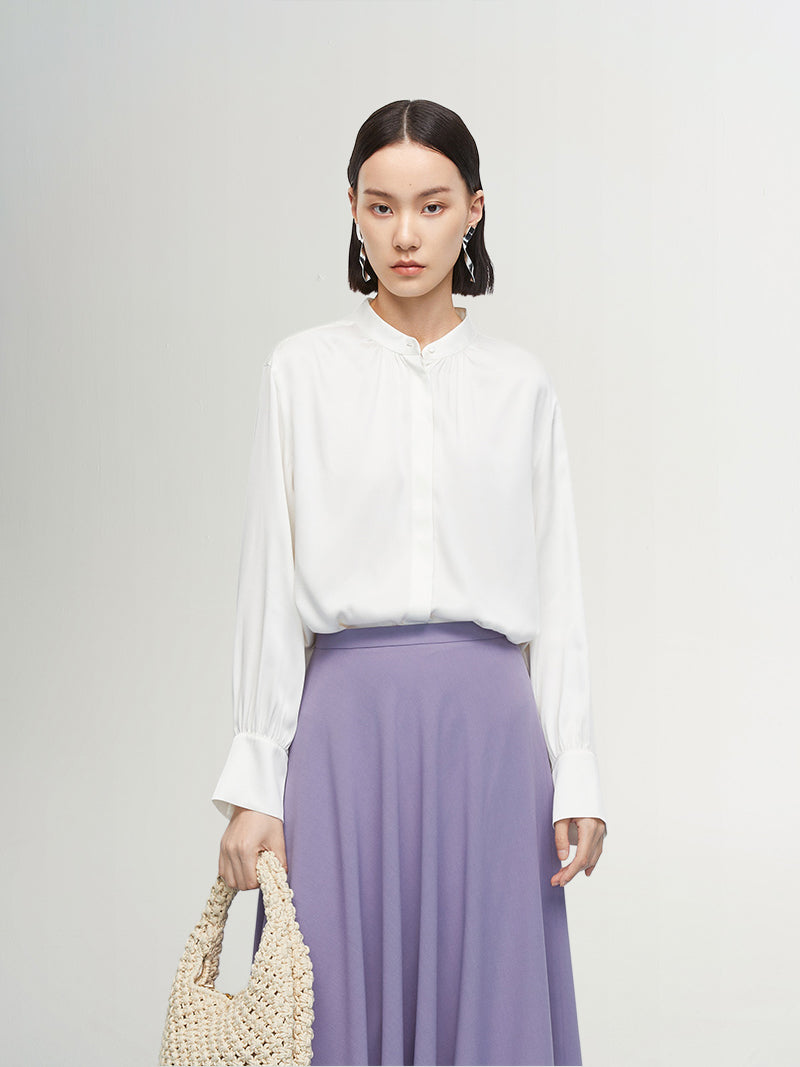 Women's White Silk Blouse with Round Neck and Long Sleeves