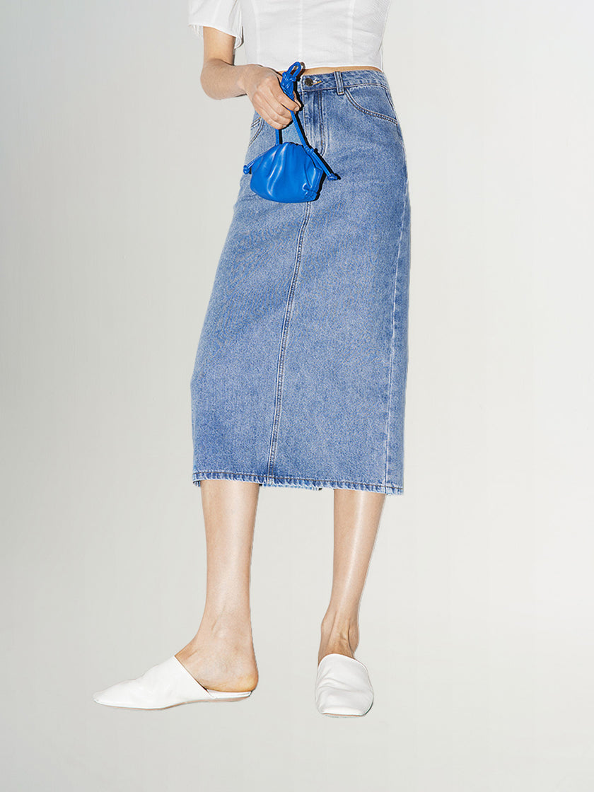 Blue denim straight skirt with slit