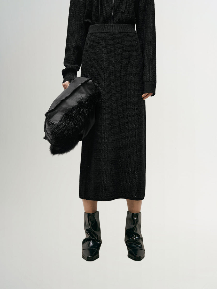 Black and shiny long knitted skirt