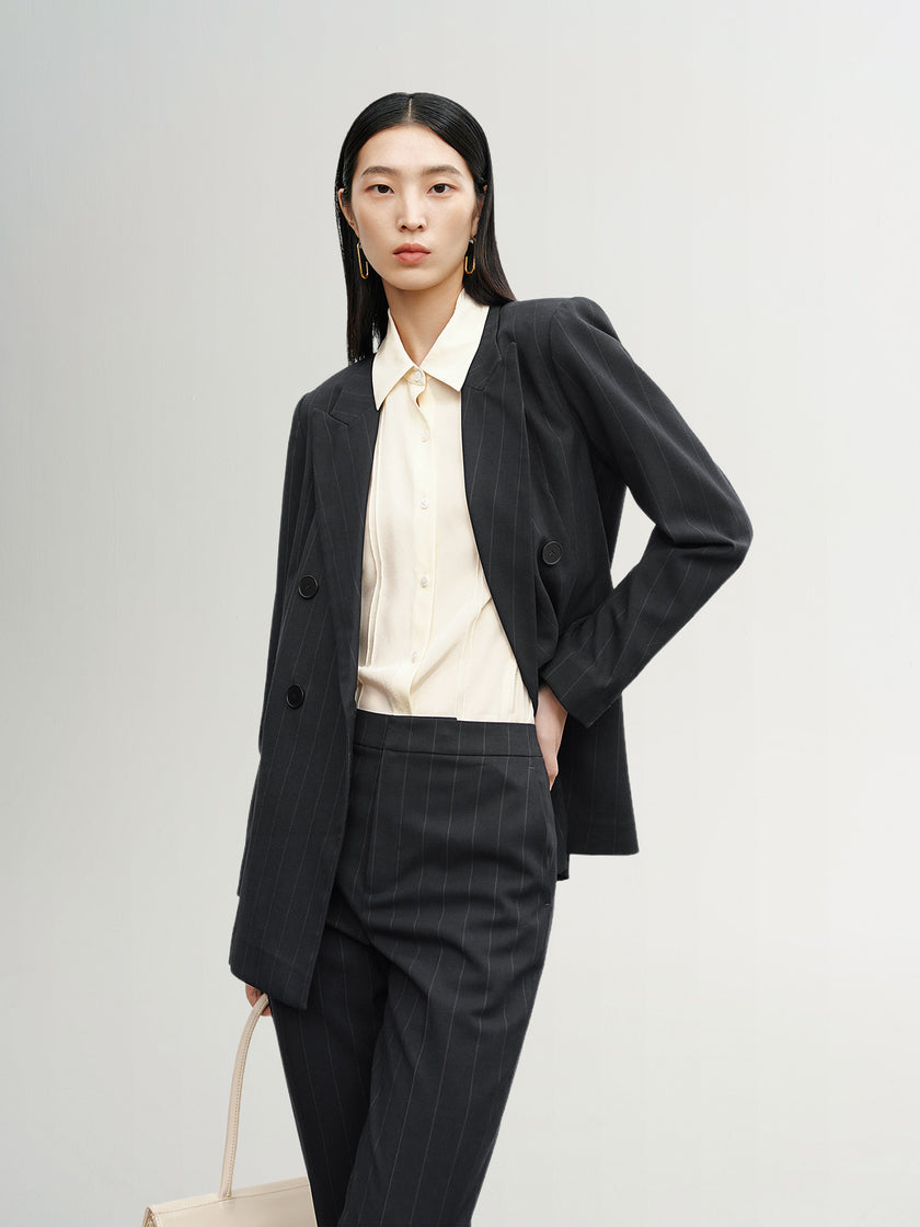 Classic black double-breasted collared blazer