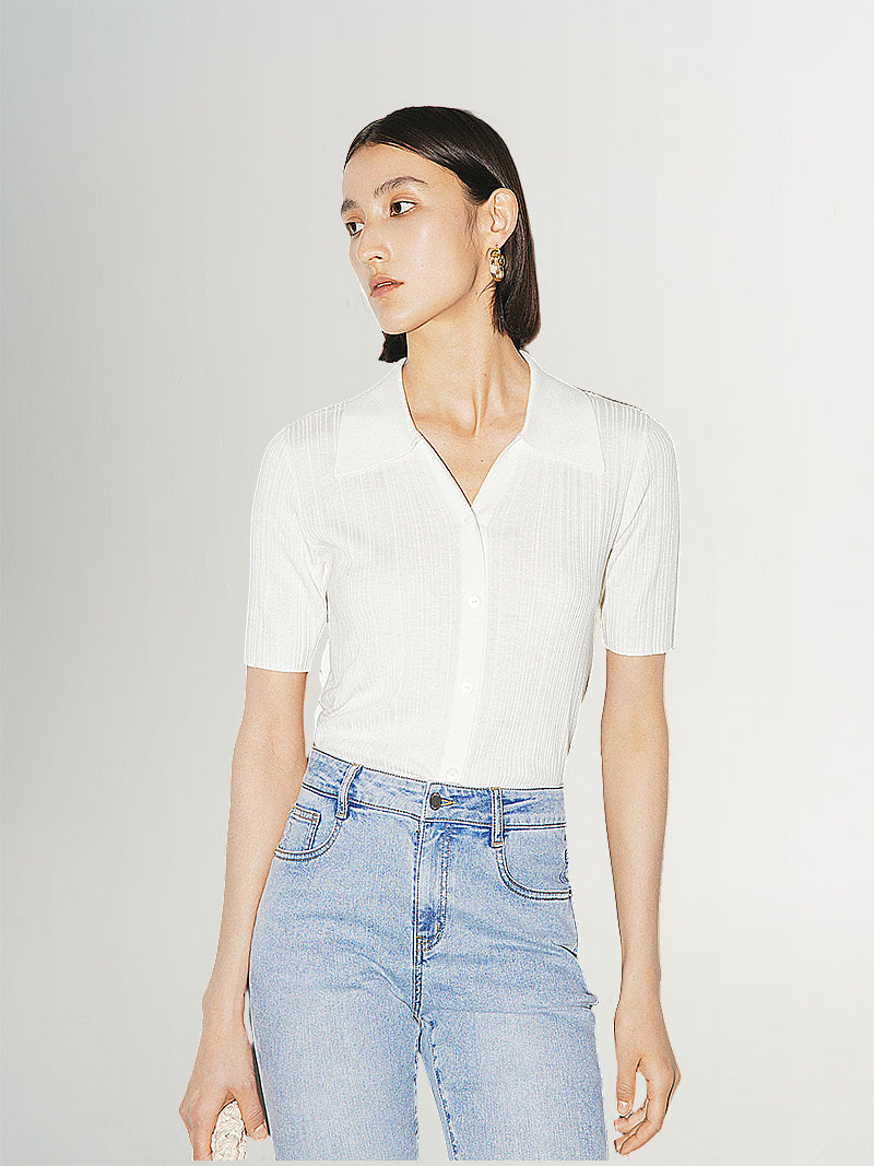 Women's White Polo Neck Short Sleeves Knit Top