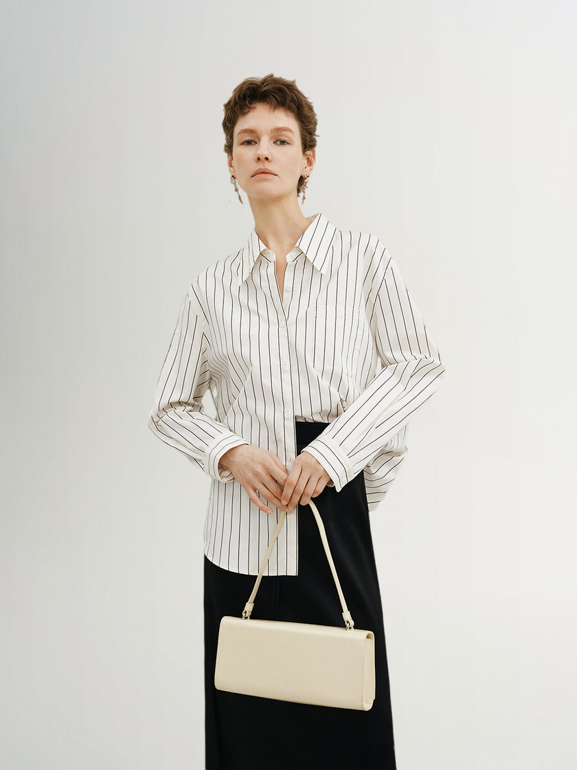 White striped shirt with pointed collar