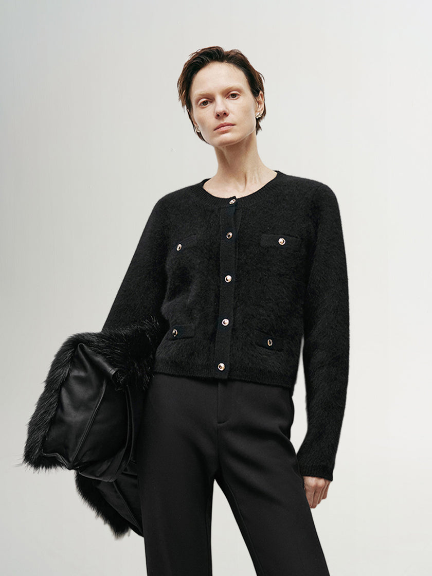 Black wool knit cardigan with round neck and buttons