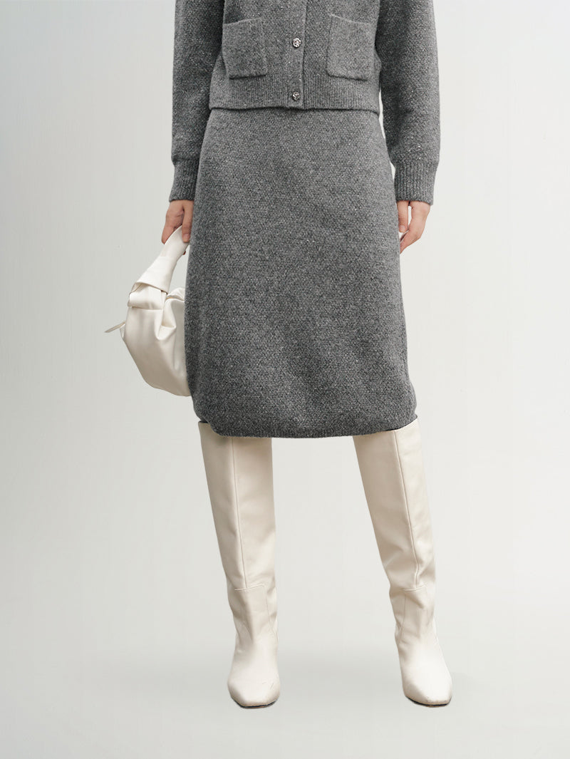 Women's Gray Straight Fit Knit Middle Length Skirt