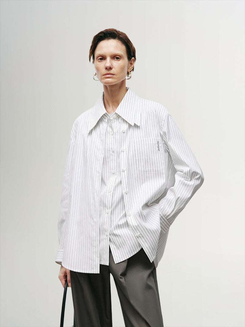 White striped shirt with classic collar and long sleeves with button-down