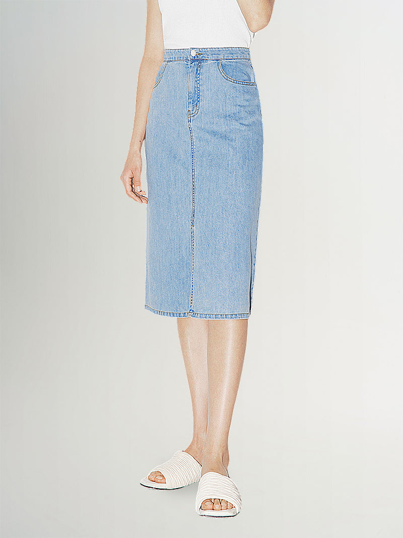 Blue denim mid-length straight skirt with shirring