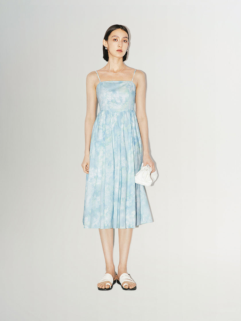 Blue slip dress with sky pattern in 100% cotton