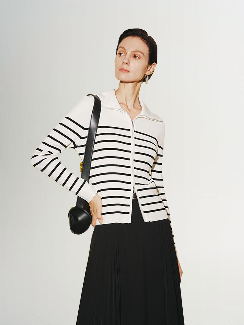 Black and white striped long sleeve zip-up knit jacket
