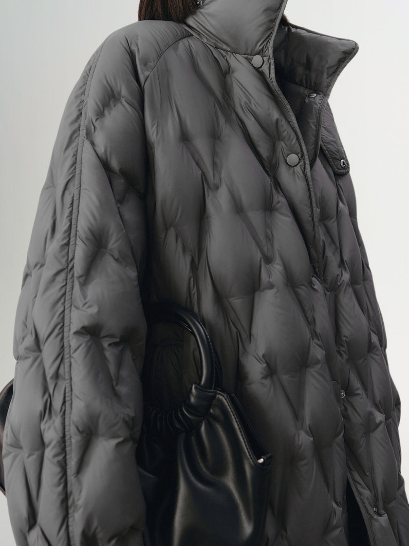 Women's Gray Warm Goose Puffer Long Hooded Jacket with Belt
