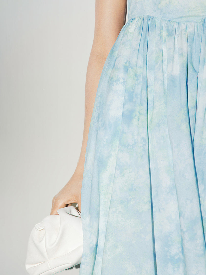 Blue slip dress with sky pattern in 100% cotton