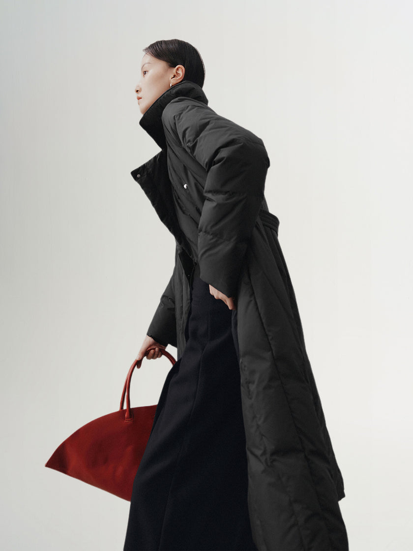 Black goose down jacket with hood and lapel collar