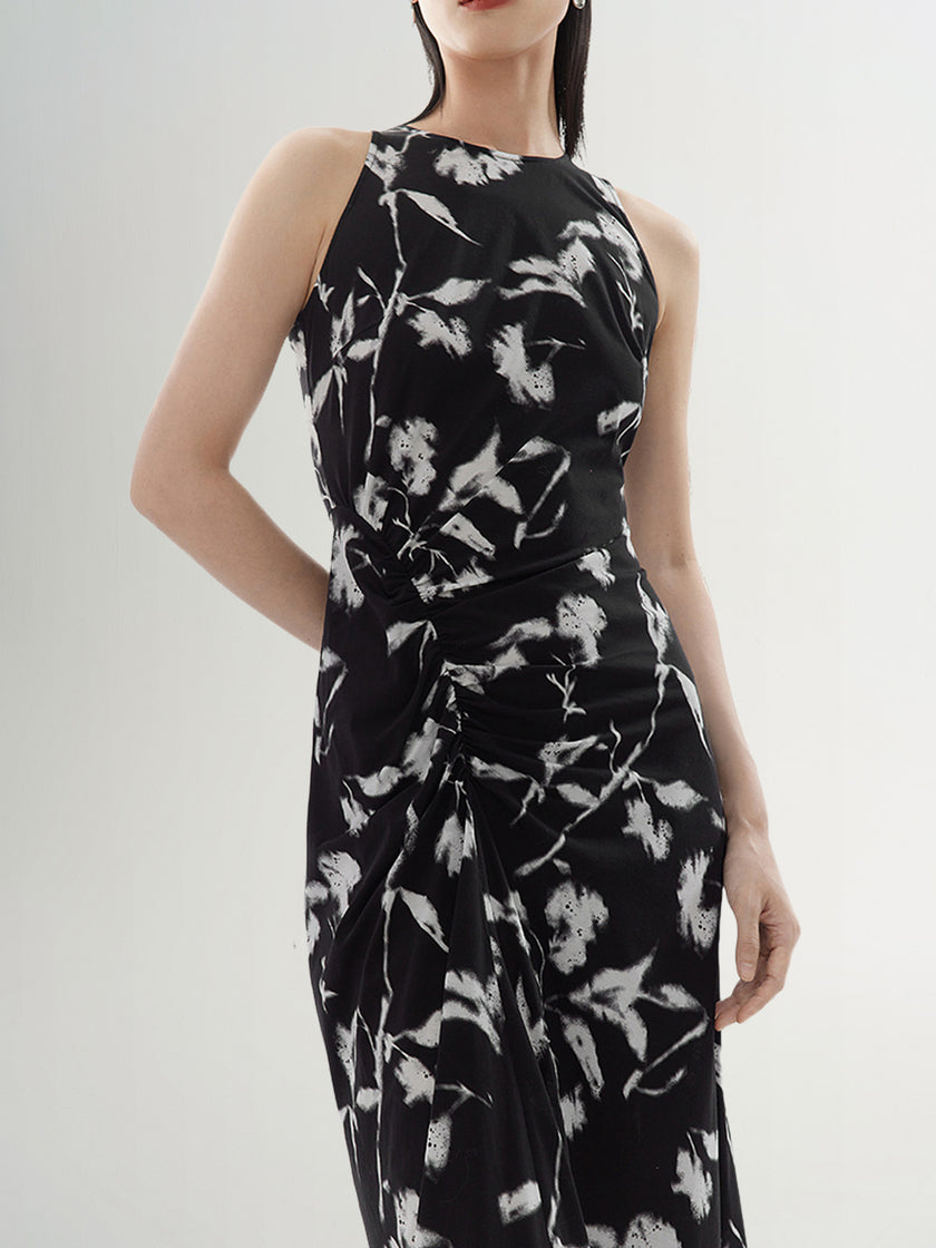 Black floral print halter neck dress