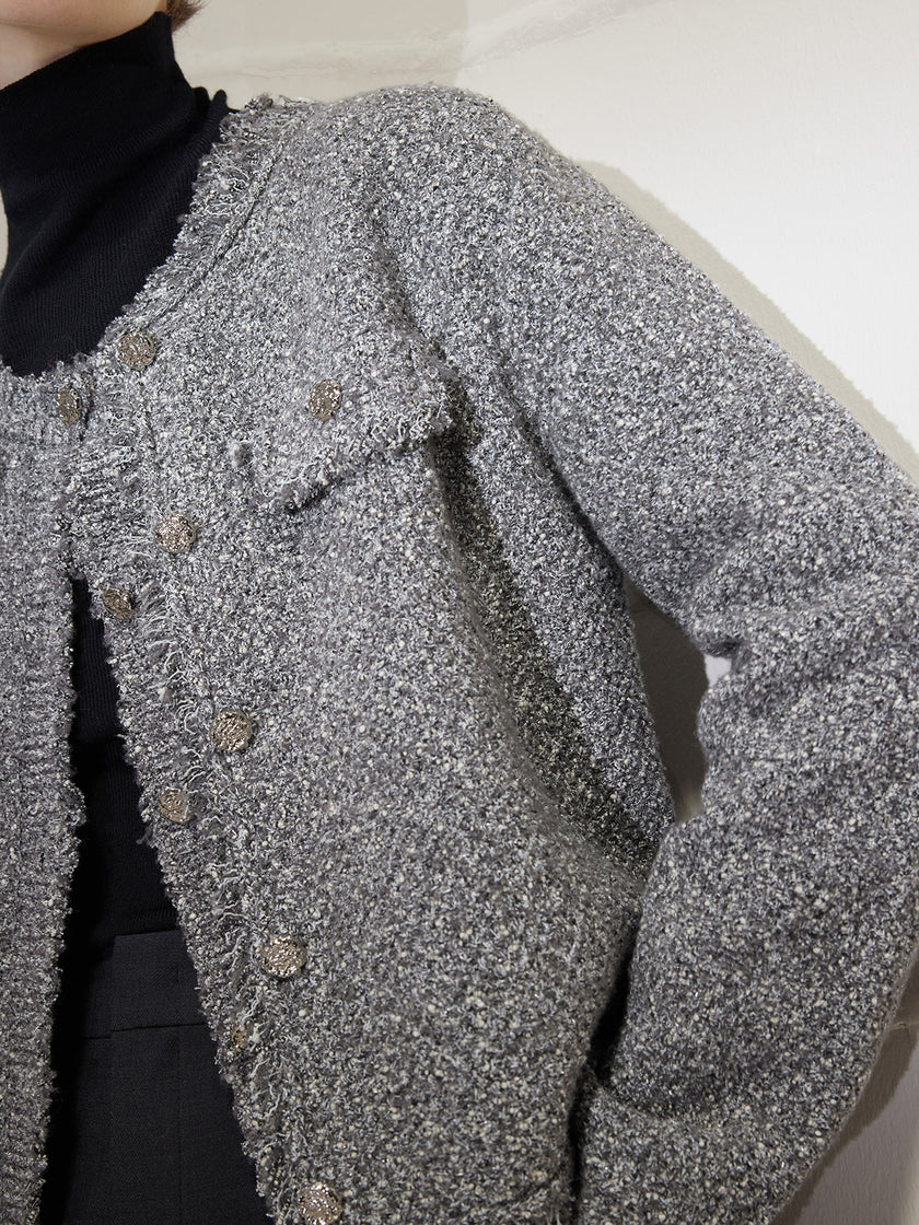 Gray Round Neck Long Sleeve Knit Cardigan