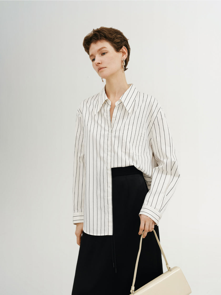 White striped shirt with pointed collar