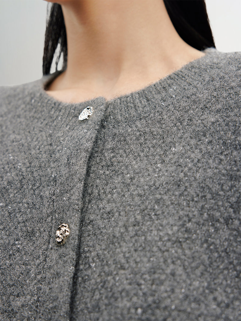 Women's Gray Round Neck Wool Button Down Cardigan Sweater