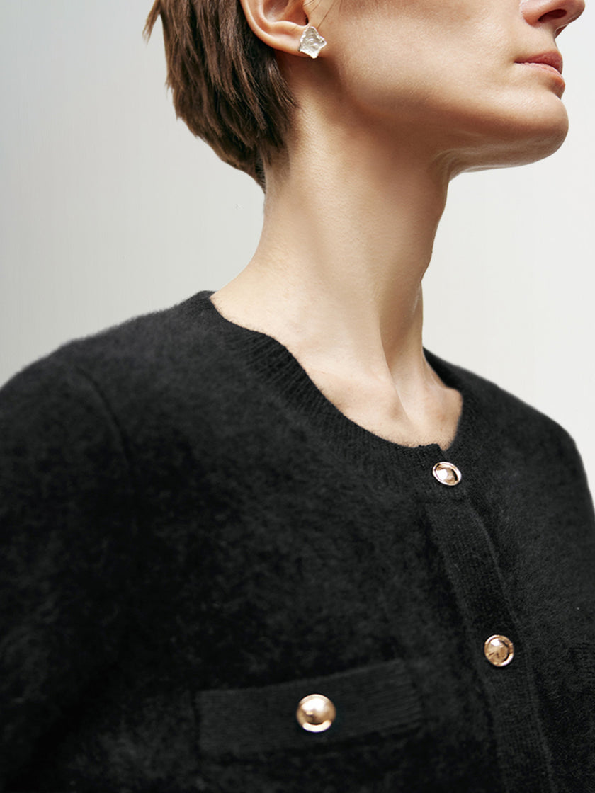 Black wool knit cardigan with round neck and buttons
