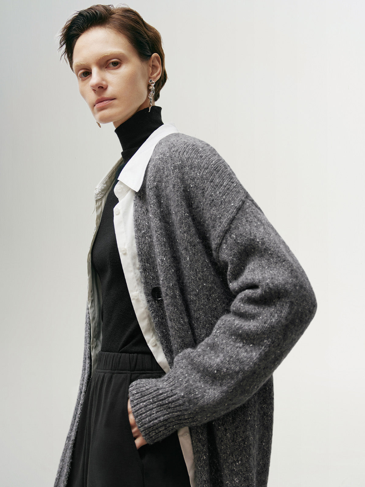 Women's Gray V Neck Button Down Sweater Cardigan