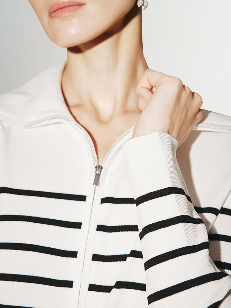 Black and white striped long sleeve zip-up knit jacket