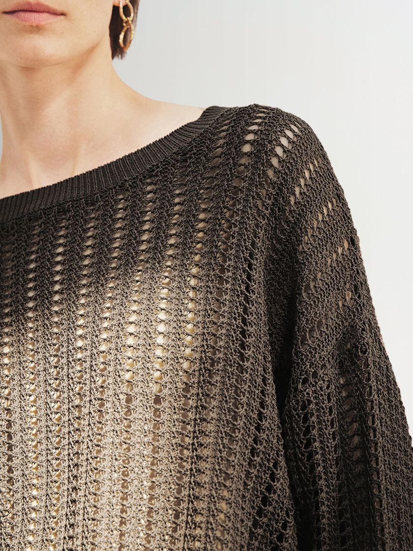 Women's brown ribbed knitted crew neck sweater,
