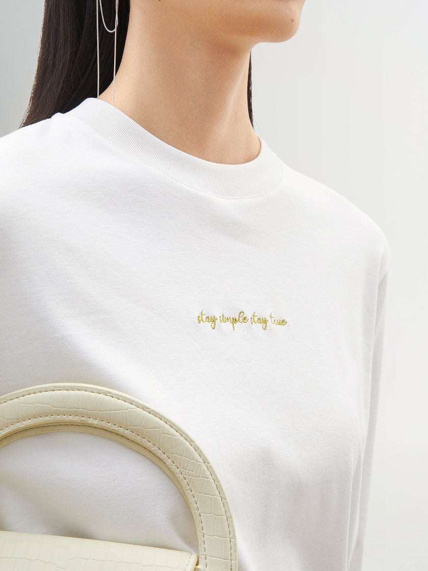 Women's White Round Neck Long Sleeves T-Shirt 5D2100101