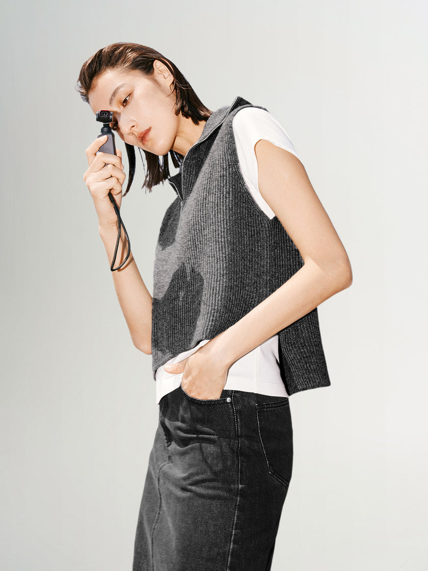 Women's Gray Polo V Neck Sleeveless Sweater Vest Jacket