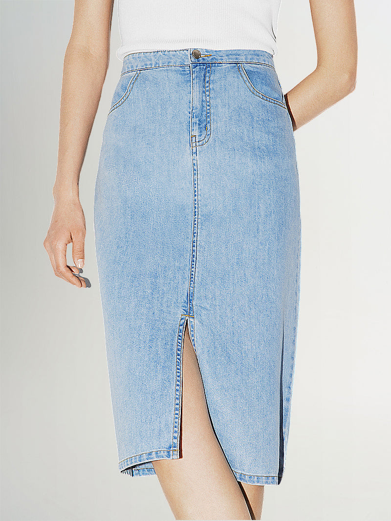 Blue denim mid-length straight skirt with shirring