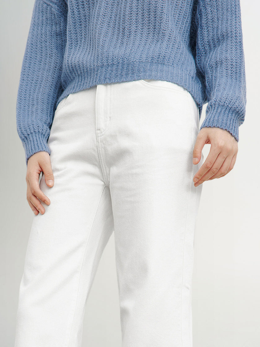 White cotton wide leg denim jeans