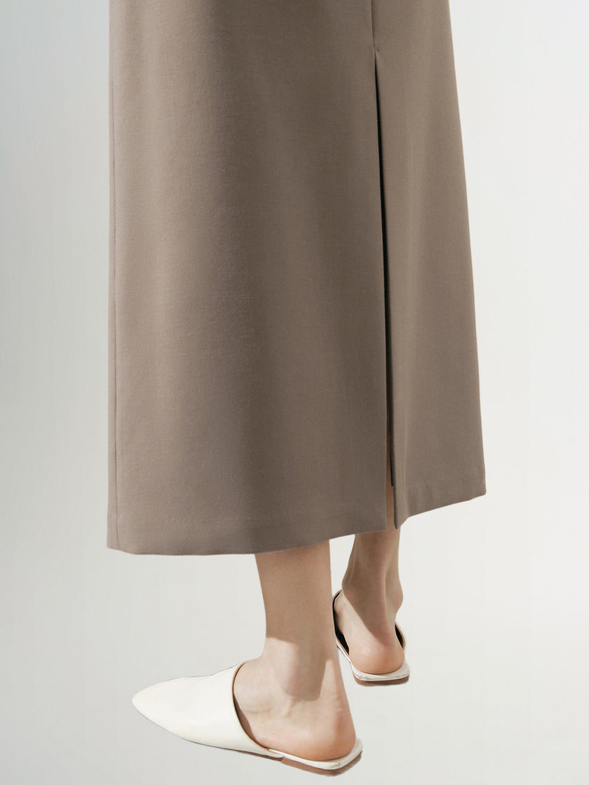 Brown high-waisted wool flared skirt