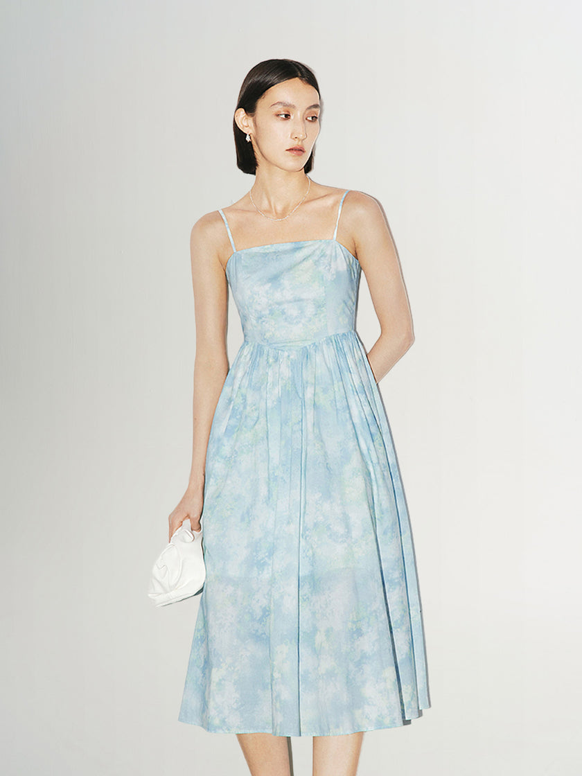 Blue slip dress with sky pattern in 100% cotton