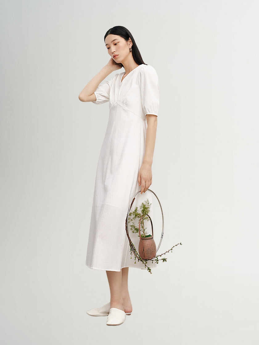 Women's White V Neck Short Sleeve High Wasit Dress