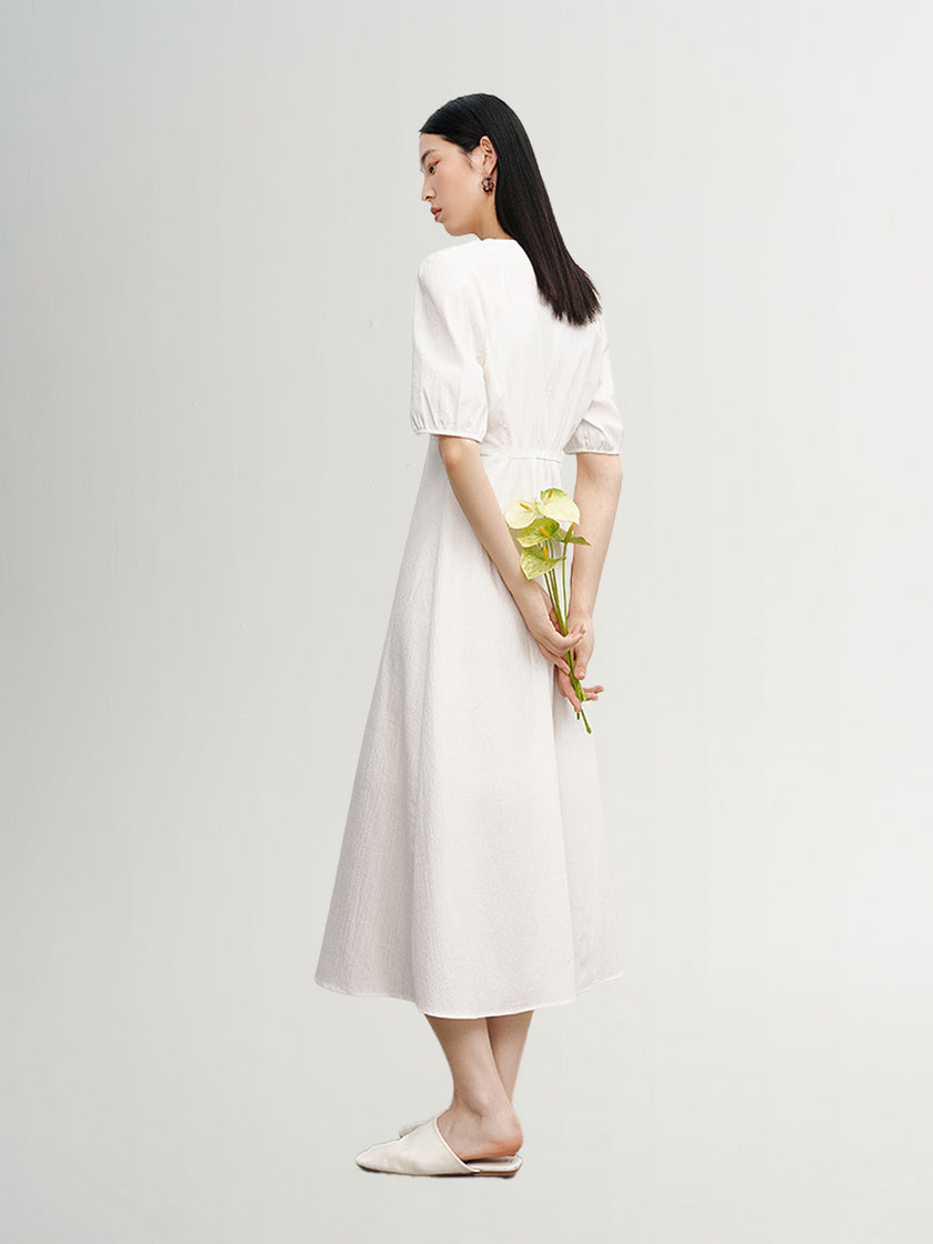 Women's White V Neck Short Sleeve High Wasit Dress