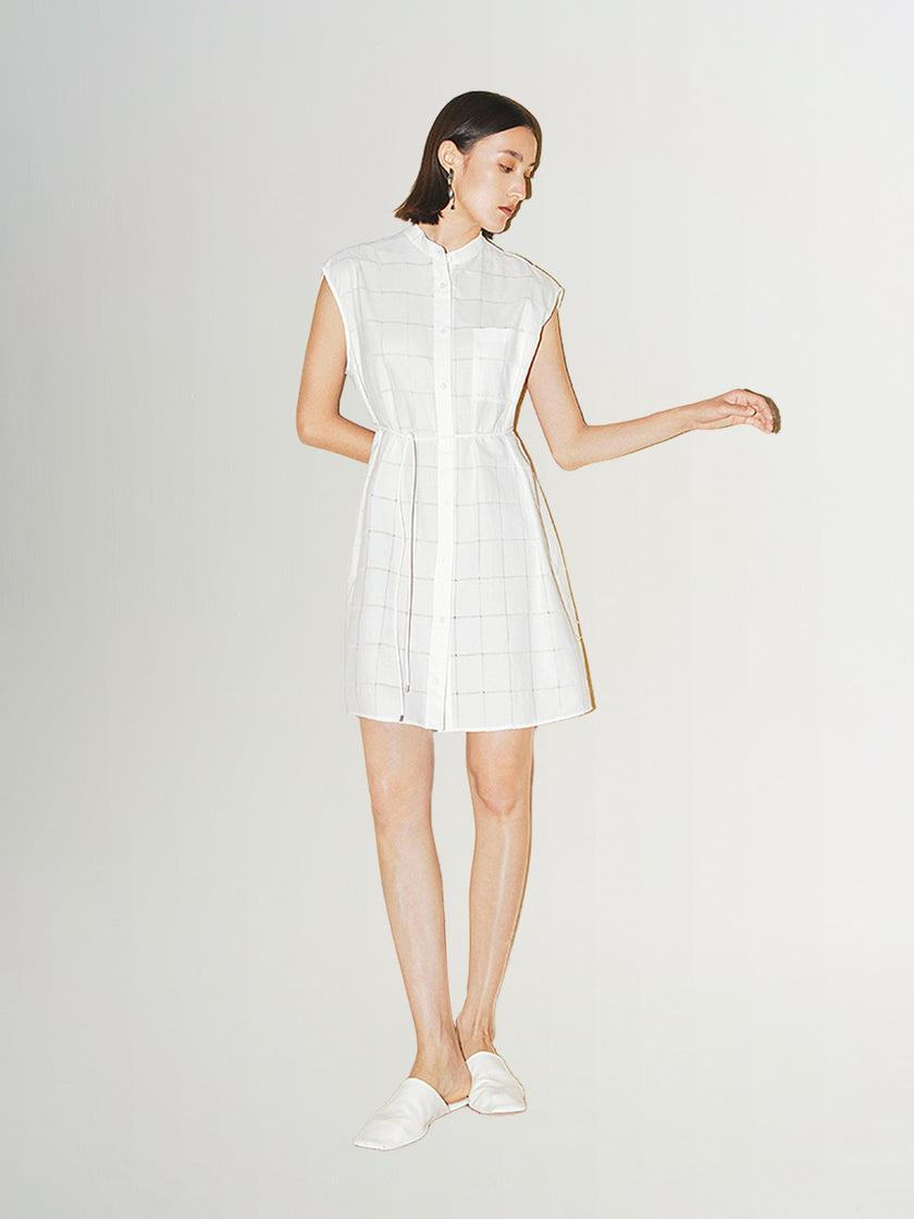 Women's Pure White Stand Collar 100% Cotton within Slip Together Dress