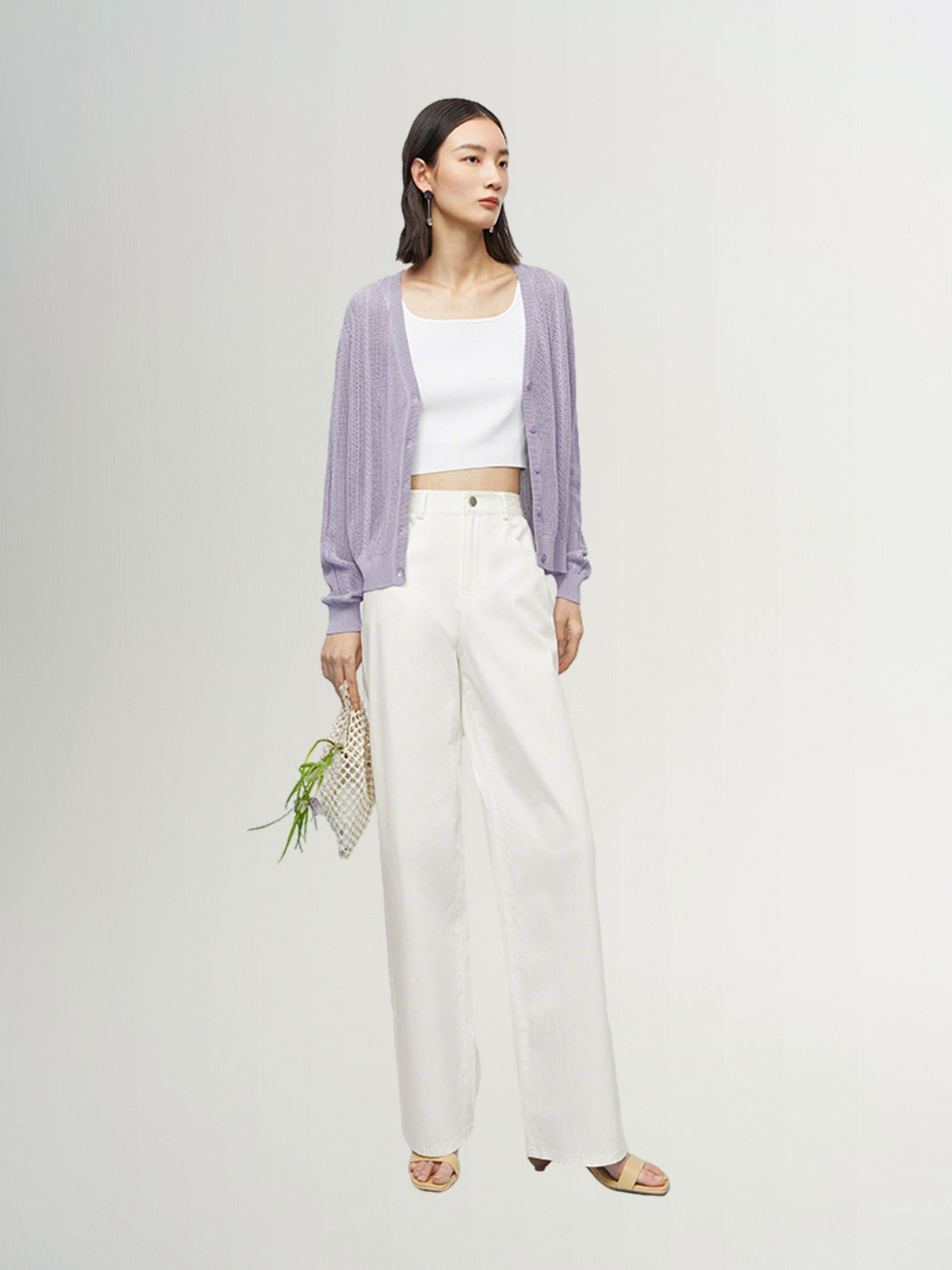Women's Summer Cotton Purple Gray V Neck Sleeve Short Cardigan Knitwear