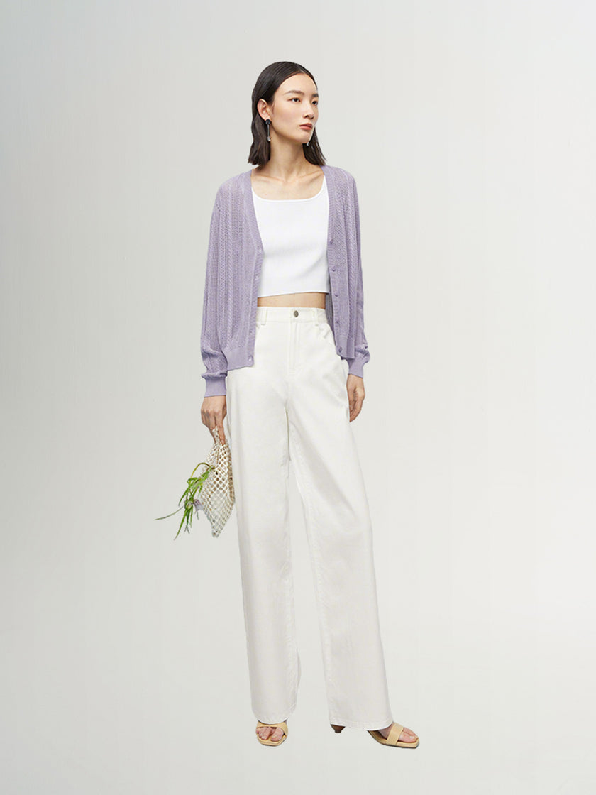 Women's Summer Cotton Purple Gray V Neck Sleeve Short Cardigan Knitwear