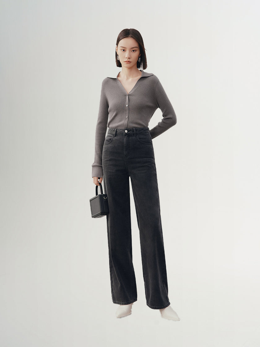 Women's Gray Polo Neck Long Sleeve Kintwear