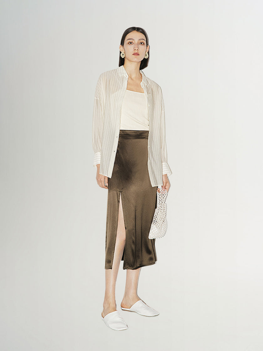 Women's Off-White Pinstripe Shirt Collar Smooth Lyocell Shirt