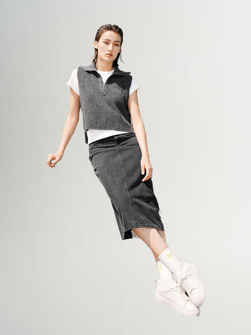 Women's Gray Polo V Neck Sleeveless Sweater Vest Jacket